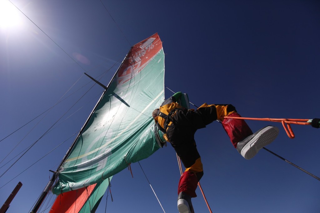 Day 21 - Check of Groupama 4’s jury rig - Volvo Ocean Race 2011-12 © Yann Riou/Groupama Sailing Team /Volvo Ocean Race http://www.cammas-groupama.com/